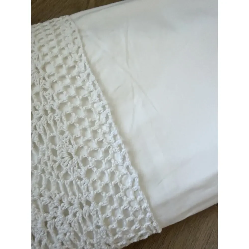 Vintage Hand Crochet Lace Flat Sheet King White Cotton